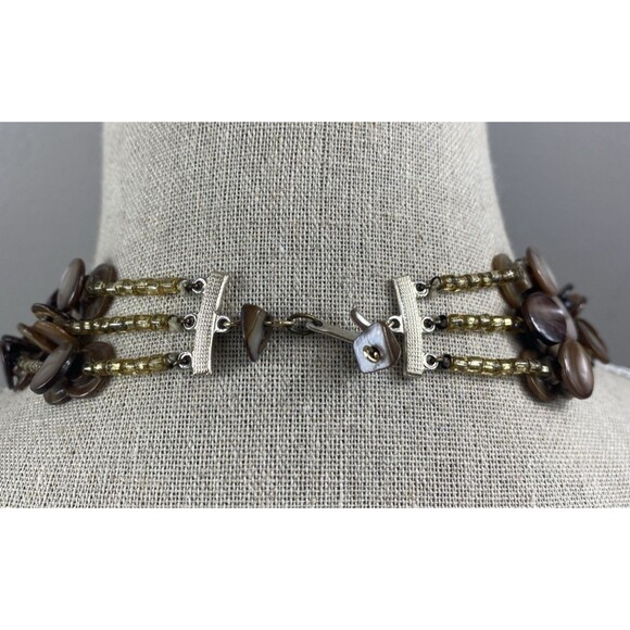 Vintage 13" Choker Necklace Tan Crystal MOP Shell 3 Strands BOHO - Picture 2 of 7